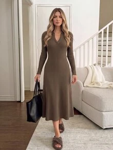 Easowa Women's Fall/Winter Dress Solid Color Casual Party Brunch Long Coffee Brown - Brown - View 3