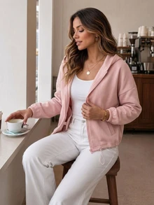 Easowa Women's Fall Winter Solid Color Drop Shoulder Long Sleeve Zip-Up Casual Sweatshirt Travel Dusty Pink Everyday - Pink - View 4