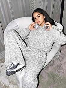 SHEIN 青少年女孩 2件組/套 黑色與白色格紋圓領長袖上衣 寬腿褲 秋冬 80年代運動風 校園運動套裝 - 灰色 - 查看 4