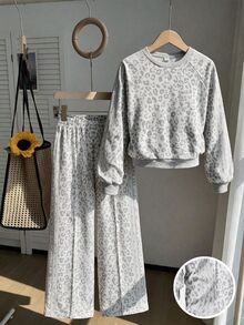 SHEIN 青少年女孩 2件組/套 黑色與白色格紋圓領長袖上衣 寬腿褲 秋冬 80年代運動風 校園運動套裝 - 灰色 - 查看 8