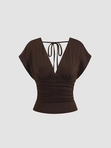 Sweetra Women's New Fashion Sexy Versatile Knit V-Neck T-Shirt, Waist Drawstring, Shoulder Sleeve Design Night Out Party All Shades Of Brown Summer - Brown - View 1