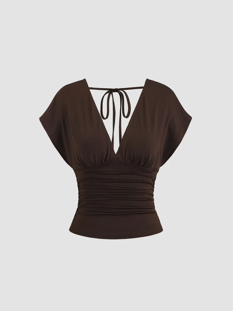 Sweetra Women's New Fashion Sexy Versatile Knit V-Neck T-Shirt, Waist Drawstring, Shoulder Sleeve Design Night Out Party All Shades Of Brown Summer - Brown - View 1