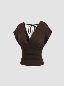 Sweetra Women's New Fashion Sexy Versatile Knit V-Neck T-Shirt, Waist Drawstring, Shoulder Sleeve Design Night Out Party All Shades Of Brown Summer - Brown - View 4