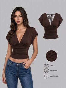 Sweetra Women's New Fashion Sexy Versatile Knit V-Neck T-Shirt, Waist Drawstring, Shoulder Sleeve Design Night Out Party All Shades Of Brown Summer - Brown - View 3