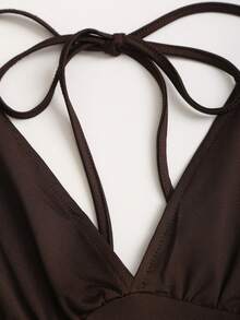 Sweetra Women's New Fashion Sexy Versatile Knit V-Neck T-Shirt, Waist Drawstring, Shoulder Sleeve Design Night Out Party All Shades Of Brown Summer - Brown - View 5