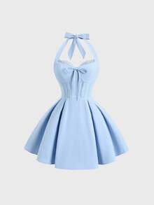 Sweetra Women's Elegant Solid Color Backless Halter Mini Dress, Summer - Baby Blue - View 3