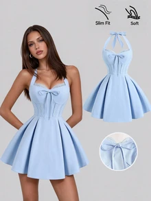Sweetra Women's Elegant Solid Color Backless Halter Mini Dress, Summer - Baby Blue - View 1