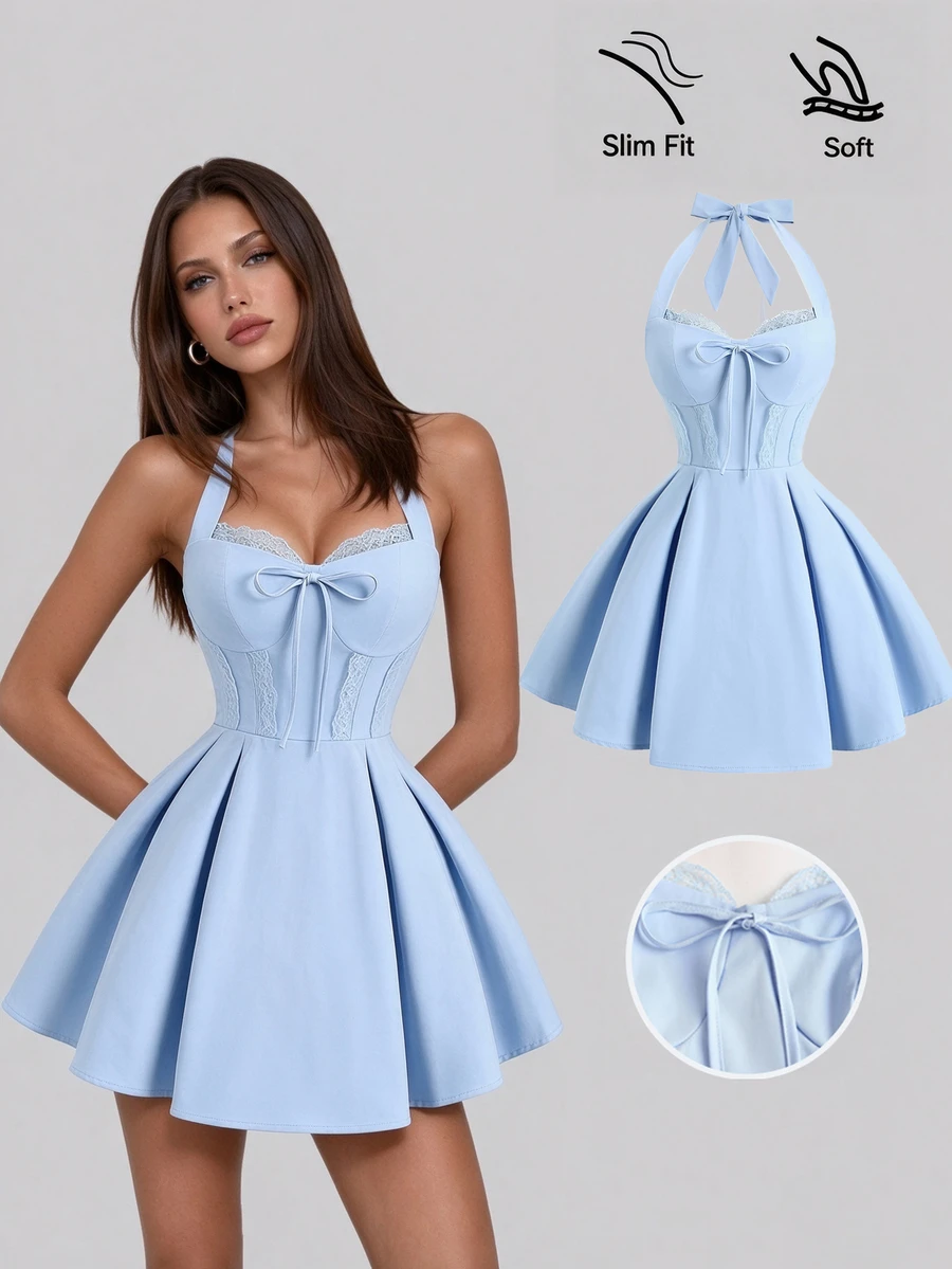 Sweetra Women's Elegant Solid Color Backless Halter Mini Dress, Summer - Baby Blue - View 1