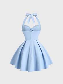 Sweetra Women's Elegant Solid Color Backless Halter Mini Dress, Summer - Baby Blue - View 2
