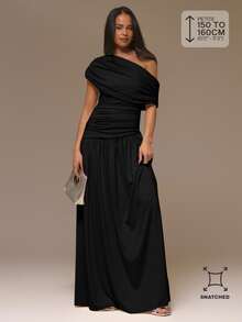 Musera Petite Black Ruched Asymmetrical Shoulder Drape Cinched Waist Maxi Dress Autumn Winter Back To School Daily Everyday - Black - View 1