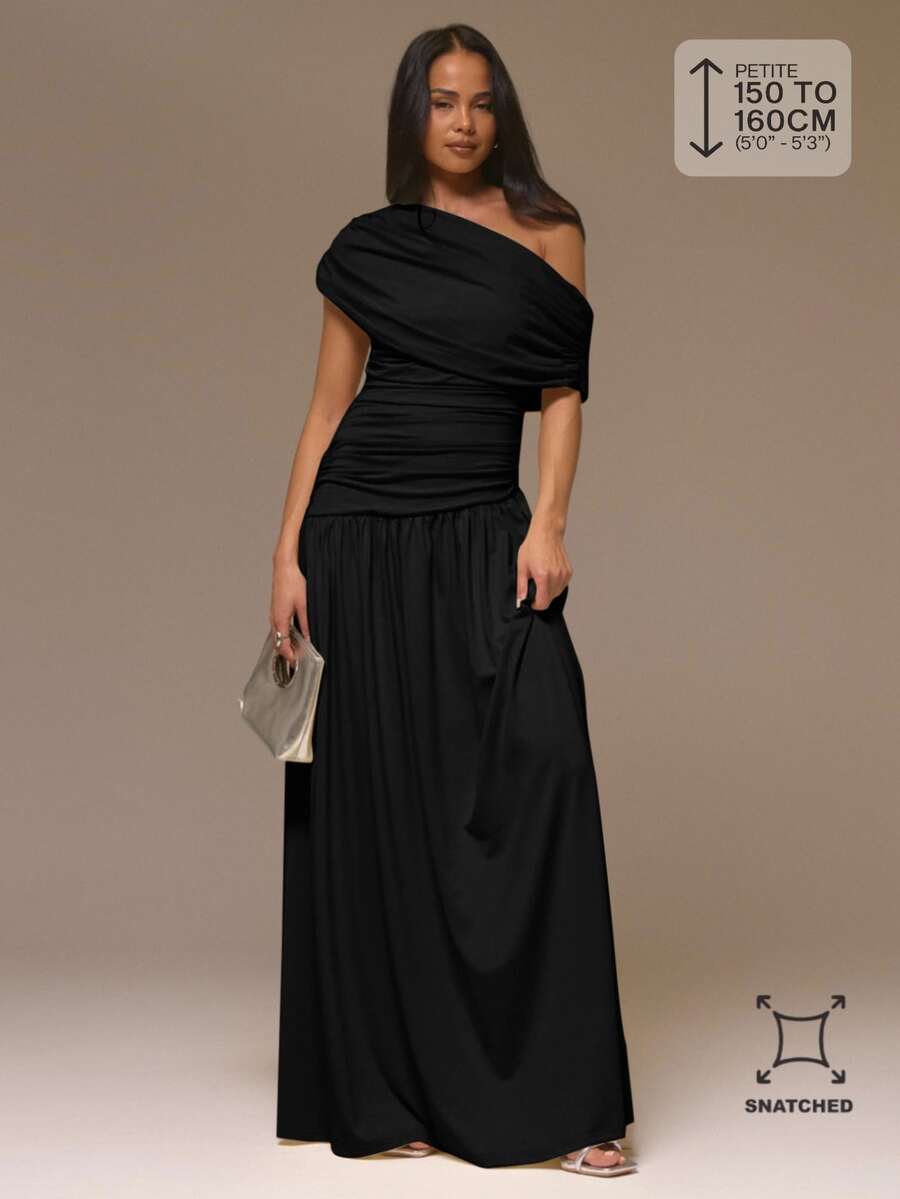 Musera Petite Black Ruched Asymmetrical Shoulder Drape Cinched Waist Maxi Dress Autumn Winter Back To School Daily Everyday - Black - View 1