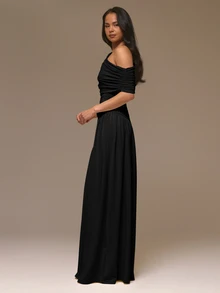 Musera Petite Black Ruched Asymmetrical Shoulder Drape Cinched Waist Maxi Dress Autumn Winter Back To School Daily Everyday - Black - View 2