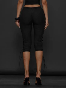 Musera Petite Black Solid Color Lace-Up Casual Versatile Cropped Leggings Autumn Winter Back To School Daily Everyday - Black - View 4