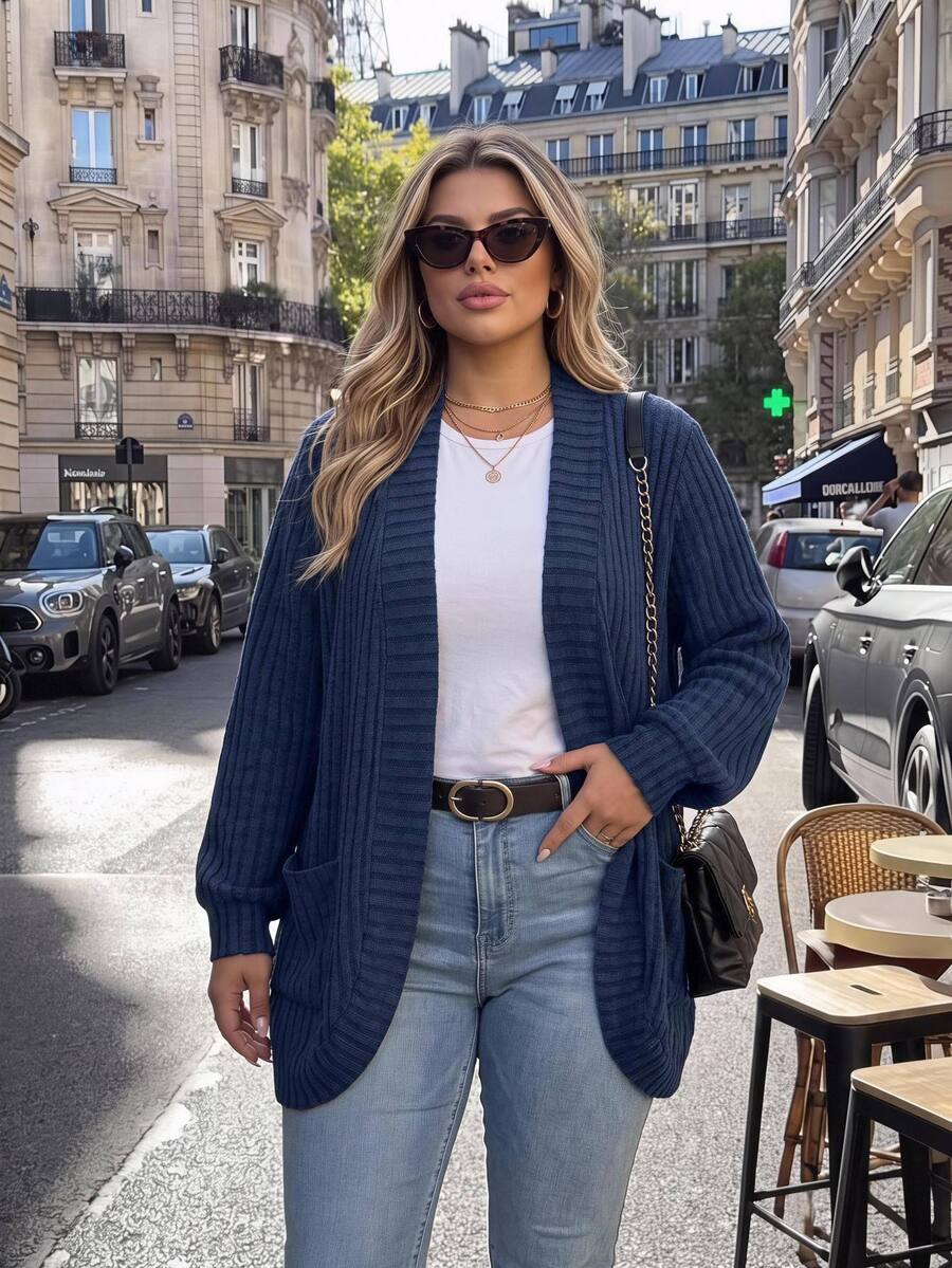 Easura Plus Size Casual Solid Color Double Pocket Jacket Winter Fall Autumn Navy Blue Cardigan Knitted Cardigan For Women Office - Navy Blue - View 1