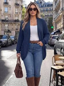 Easura Plus Size Casual Solid Color Double Pocket Jacket Winter Fall Autumn Navy Blue Cardigan Knitted Cardigan For Women Office - Navy Blue - View 8