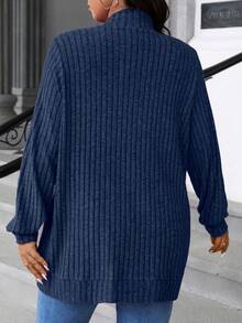 Easura Plus Size Casual Solid Color Double Pocket Jacket Winter Fall Autumn Navy Blue Cardigan Knitted Cardigan For Women Office - Navy Blue - View 2