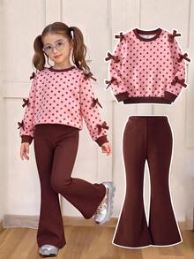 SHEIN Genkimix Kids 2件組女童幼兒極簡時尚粉色蝴蝶結黑色上衣與粉色長褲運動套裝 - 藕粉色 - 查看 1