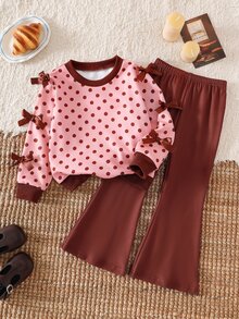 SHEIN Genkimix Kids 2件組女童幼兒極簡時尚粉色蝴蝶結黑色上衣與粉色長褲運動套裝 - 藕粉色 - 查看 3