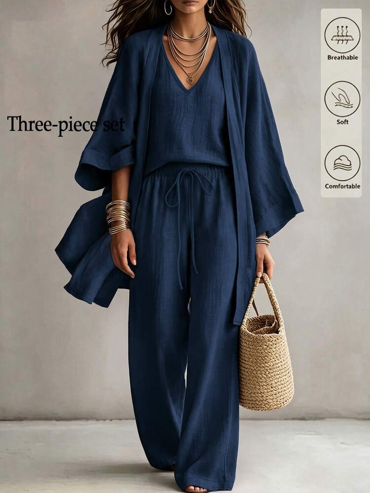 Linhara CURVE Plus Size Women's Casual Everyday Loose Brown Linen Mid-Length 3 Pieces Set: Long Sleeve Cardigan, Sleeveless Tank Top And Pants Fall - Navy Blue - View 1