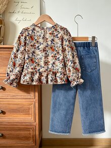 SHEIN Genkimix Kids 女童 2 件組新款花卉燈芯絨上衣，附 3D 蝴蝶結、收口袖口、A 字下擺，搭配牛仔長褲，適合日常休閒，秋冬穿著 - 彩色 - 查看 2