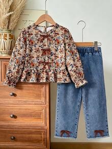 SHEIN Genkimix Kids 女童 2 件組新款花卉燈芯絨上衣，附 3D 蝴蝶結、收口袖口、A 字下擺，搭配牛仔長褲，適合日常休閒，秋冬穿著 - 彩色 - 查看 7
