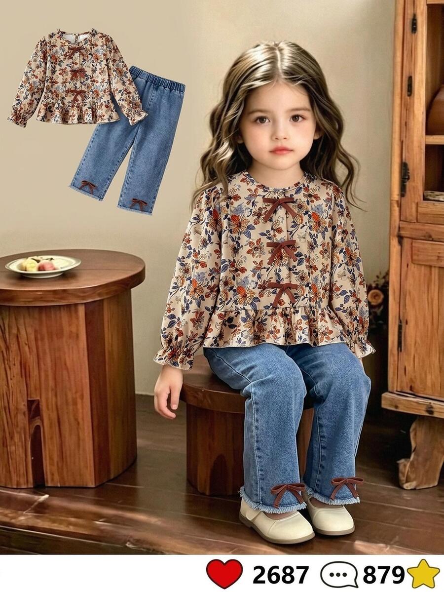 SHEIN Genkimix Kids 女童 2 件組新款花卉燈芯絨上衣，附 3D 蝴蝶結、收口袖口、A 字下擺，搭配牛仔長褲，適合日常休閒，秋冬穿著 - 彩色 - 查看 1