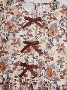 SHEIN Genkimix Kids 女童 2 件組新款花卉燈芯絨上衣，附 3D 蝴蝶結、收口袖口、A 字下擺，搭配牛仔長褲，適合日常休閒，秋冬穿著 - 彩色 - 查看 4