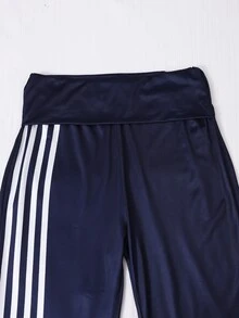 SHEIN 青少年女孩黑色運動休閒寬鬆長褲，針織低彈力面料，修身喇叭褲腳設計，白色條紋拼接，蝴蝶結，秋季，萬聖節 - 黑色 - 查看 8