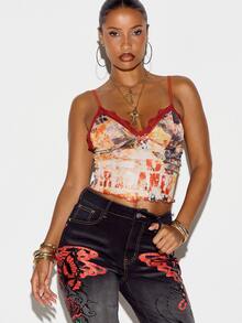 SUMWON WOMEN Style Mesh Cami Crop Top With Lace Trim V-Neck Spaghetti Straps Leopard Graphic Print Top - Multicolor - View 1