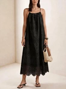 Briarwyn Women's Black Summer Eyelet Embroidered Modest Beach Holiday Dress,Solid Color Front Drawstring Ruched Elegant Long Strap Vacation Date Party Outfits - Black - View 8