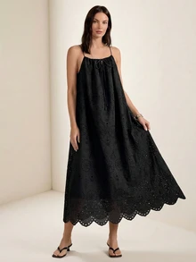 Briarwyn Women's Black Summer Eyelet Embroidered Modest Beach Holiday Dress,Solid Color Front Drawstring Ruched Elegant Long Strap Vacation Date Party Outfits - Black - View 9