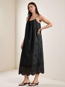 Briarwyn Women's Black Summer Eyelet Embroidered Modest Beach Holiday Dress,Solid Color Front Drawstring Ruched Elegant Long Strap Vacation Date Party Outfits - Black - View 5
