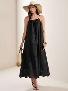 Briarwyn Women's Black Summer Eyelet Embroidered Modest Beach Holiday Dress,Solid Color Front Drawstring Ruched Elegant Long Strap Vacation Date Party Outfits - Black - View 6