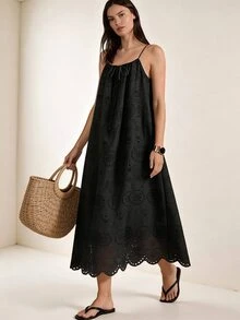 Briarwyn Women's Black Summer Eyelet Embroidered Modest Beach Holiday Dress,Solid Color Front Drawstring Ruched Elegant Long Strap Vacation Date Party Outfits - Black - View 4