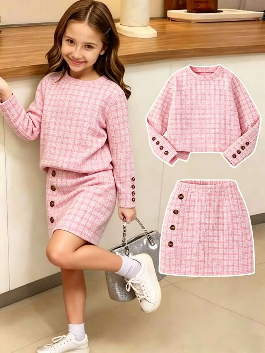 SHEIN Genkimix Kids (Gadis Muda) Set 2 Potong: Kaos Lengan Panjang Bertekstur Warna Pink dan Rok Kancing Bertekstur - Berwarna merah muda - View 1