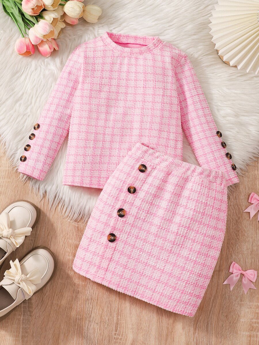 SHEIN Genkimix Kids Young Girl) Pink Textured Long Sleeve T-Shirt And Textured Button Skirt 2 Pieces Set - Pink - View 1