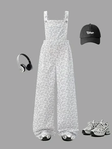 SHEIN Tween Girl Light Gray Leopard Print Wide Leg Overalls, White Base With Soft Gray Leopard Print, Loose Wide Leg Style, Casual And Dynamic Fit, Suitable For Autumn Outfits, Campus, Daily Wear, Versatile And Timeless, Perfect For Back To School Season - Grey - View 3
