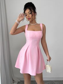 Rafferiza Women's Solid Color Patchwork Wide Strap Beaded Casual Dress - Pink - View 7