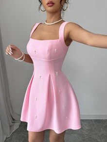 Rafferiza Women's Solid Color Patchwork Wide Strap Beaded Casual Dress - Pink - View 8