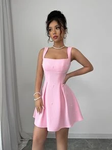 Rafferiza Women's Solid Color Patchwork Wide Strap Beaded Casual Dress - Pink - View 10