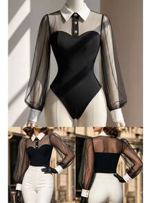 Fine & Folde Women's Fall Black And White Contrast Color Lapel Mesh Long Sleeve Bodysuit Heart Patchwork Puff Tulle Sleeves Slim Fit Base Layer Dinner Party Retro - Black and White - View 6