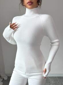 SHEIN Raffinéa Women White Turtleneck Ribbed Sweater,Chic Elegant Office Winter Pullover Knit Top,Y2K Fall Long Sleeve Slim Ribbed Top For Daily Commuting Holiday - White - View 8
