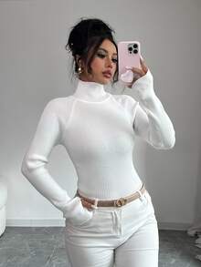 SHEIN Raffinéa Women White Turtleneck Ribbed Sweater,Chic Elegant Office Winter Pullover Knit Top,Y2K Fall Long Sleeve Slim Ribbed Top For Daily Commuting Holiday - White - View 6