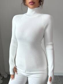 SHEIN Raffinéa Women White Turtleneck Ribbed Sweater,Chic Elegant Office Winter Pullover Knit Top,Y2K Fall Long Sleeve Slim Ribbed Top For Daily Commuting Holiday - White - View 7