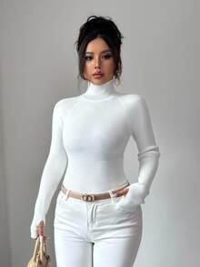SHEIN Raffinéa Women White Turtleneck Ribbed Sweater,Chic Elegant Office Winter Pullover Knit Top,Y2K Fall Long Sleeve Slim Ribbed Top For Daily Commuting Holiday - White - View 9