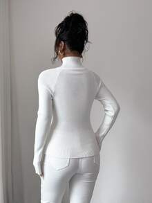 SHEIN Raffinéa Women White Turtleneck Ribbed Sweater,Chic Elegant Office Winter Pullover Knit Top,Y2K Fall Long Sleeve Slim Ribbed Top For Daily Commuting Holiday - White - View 2