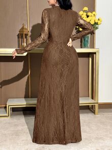 Modelyn Women's Lace Pleated Elegant Waist-Cinching Party Midi Dress - Coffee Brown - View 3