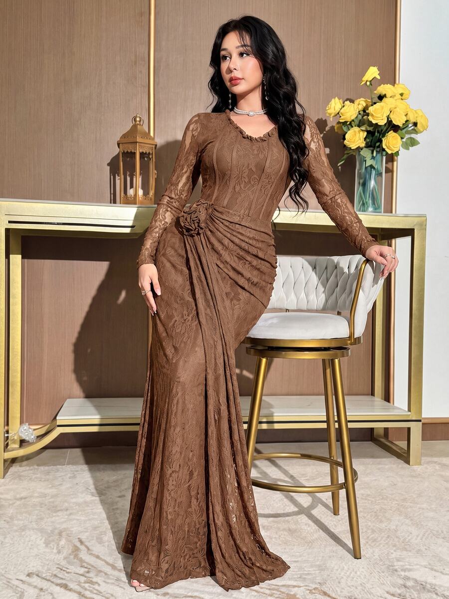 Modelyn Women's Lace Pleated Elegant Waist-Cinching Party Midi Dress - Coffee Brown - View 1