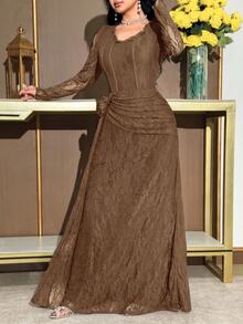 Modelyn Women's Lace Pleated Elegant Waist-Cinching Party Midi Dress - Coffee Brown - View 6