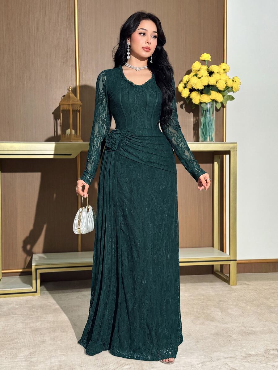 Feyla Women's Elegant Frill Cinching Waist Design Lace Patchwork Midi Dress, Suitable For Parties And Events - Dark Green - View 1